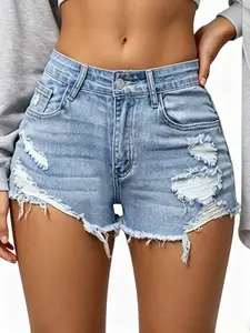 Jean Shorts Womens Raw-Edge Natural-Wash Denim Shorts With Ripped Hems And A Tailored Fit Classic Five-Pocket Design Casual Bottoms Slim-Fit Stretch Summer Shorts Perfect For Parties Nightclubs And Street Style Women’S Fashionable Y2k Everyday Wear