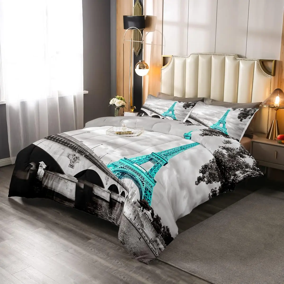 Feelyou Parisian Theme Microfiber Decorative Bedding Set - Gray & French Teal Eiffel Tower Print, Chic Paris Cityscape Design, Retro Soft, Multi-Size, Machine Washable Queen Bed Comforter Set, Microfiber Bedding Set