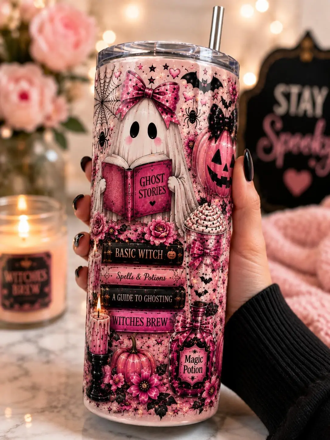 Pink Coquette Halloween 20oz Stainless Steel Tumbler | Ghost & Pumpkin Coffee Cup | Insulated Travel Mug with Lid & Straw