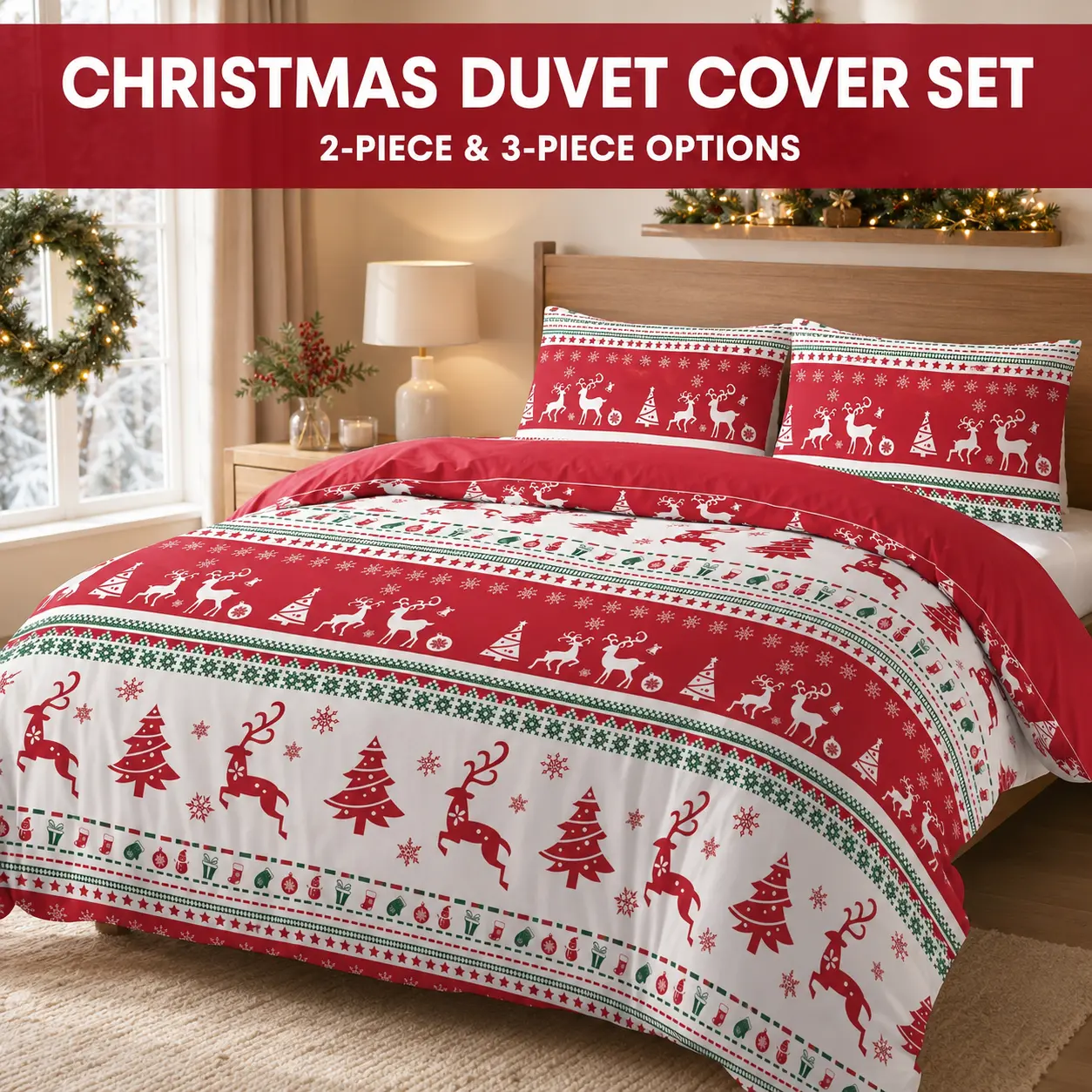 Red Christmas Reindeer Duvet Cover Set, Festive Deer Snowflake Tree Printed Holiday Bedding, 2-Piece Twin or 3-Piece Full Queen King, Duvet Cover with Pillowcase(s)