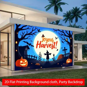 1pc Polyester Halloween Party Banner Background Cloth, Multi-size with Scarecrow, Jack-o'-lanterns and Moonlit Night Design, Suitable for Yard, Wall Design and Indoor Decoration.