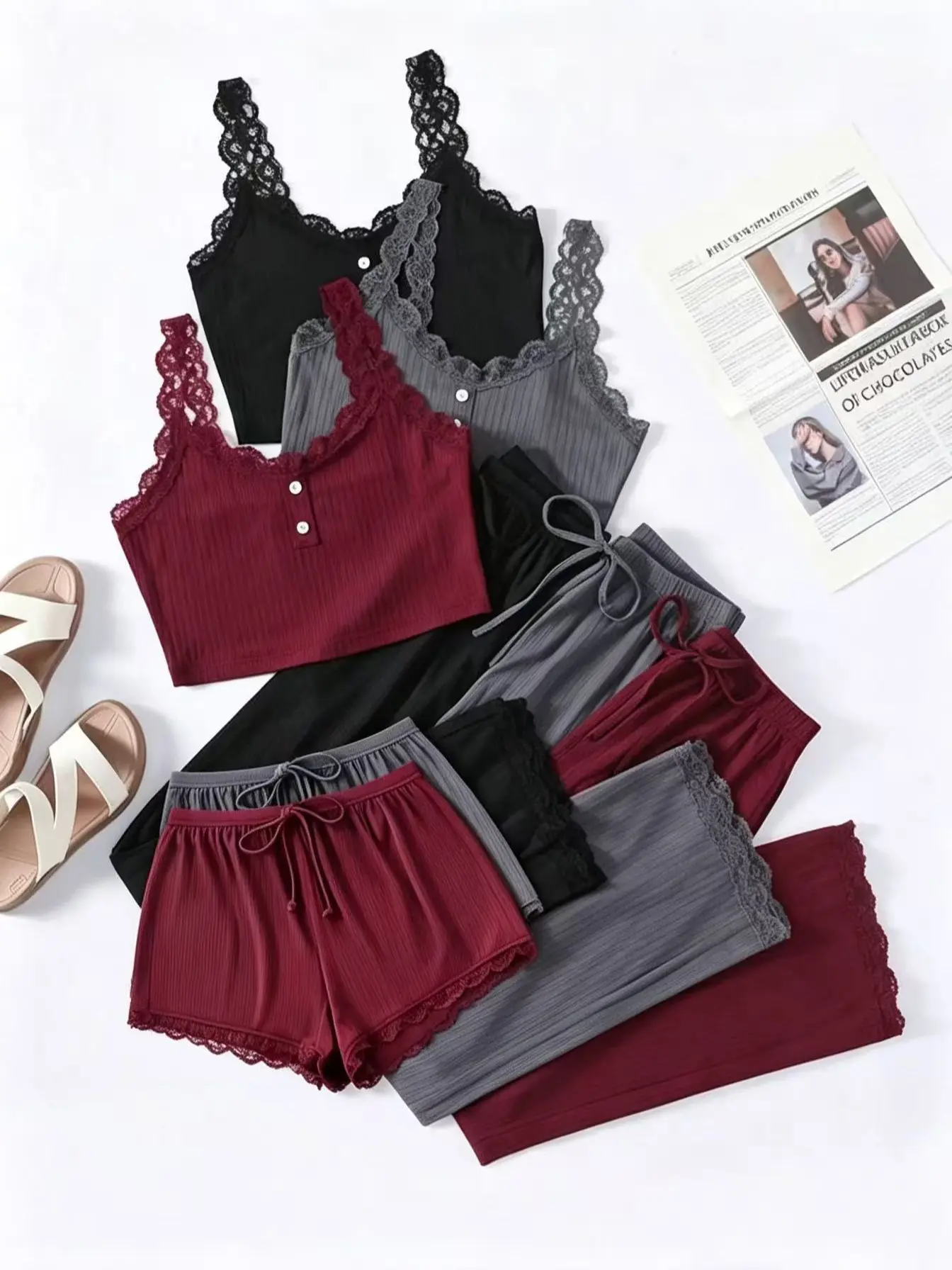 2 Sets (6Pcs)Women's Elegant Chic Contrast Lace ButtonJersey Cami Top & Elastic Waist Tie Front ShortsPyjama Set, Casual Comfortable SoftLoungewear Set For Women, Fit Pyjamas forWomen, Spring, Lingerie, Elegance, All Season Lingerie