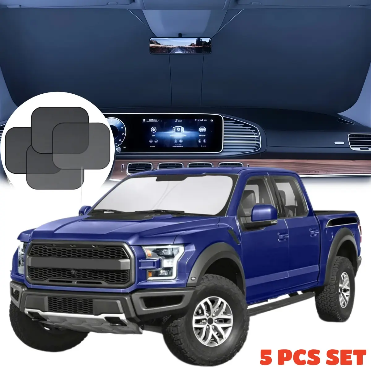 Car Windshield Sunshade Set for Ford F150 Accessories, 5-in-1 with 4pcs Mesh Side Stop Front/Rear Window Sunshades, 3-Layer 190t Titanium Silver Adhesive Design, 145*80cm/57*31.5in, UV Blocking, Foldable, Summer Interior Cooling
