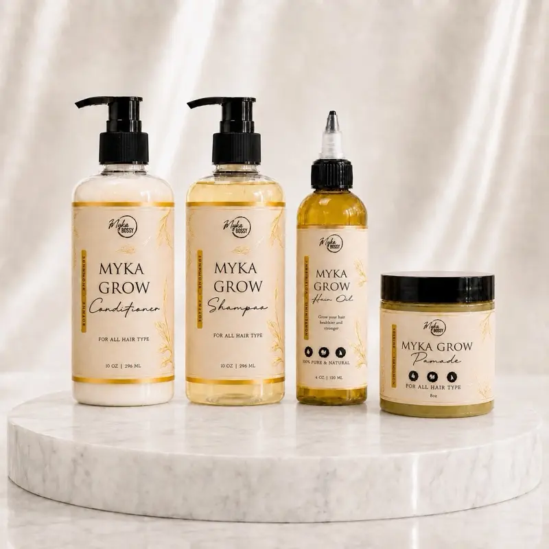 Myka Men's Hair Care Pomade Set - 10 oz Shampoo, 8 oz Pomade, 4 oz Vitamin-Rich Olive Oil Growth Oil, Hydrating Conditioner for Daily Adult Use (Any Hair Type, None Harmful Additives), Hair Growth Moisturizing, Stronger Thicker Hair