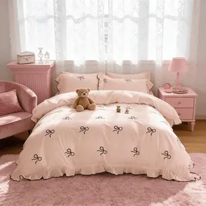 Bow Print Ruffled Bedding Set, 3 Counts/set Including 1 Duvet Cover & 2 Pillowcases without Filler, Soft Comfortable Bedding Set for Home Bedroom Hotel, Soft Bedding Sets