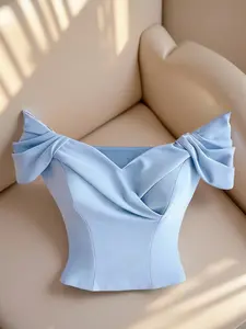 Women's three-dimensional ruched slim-fit cropped Blouse top, off-the-shoulder design, French elegant style, suitable for commuting, dating, parties, weddings and other occasions
