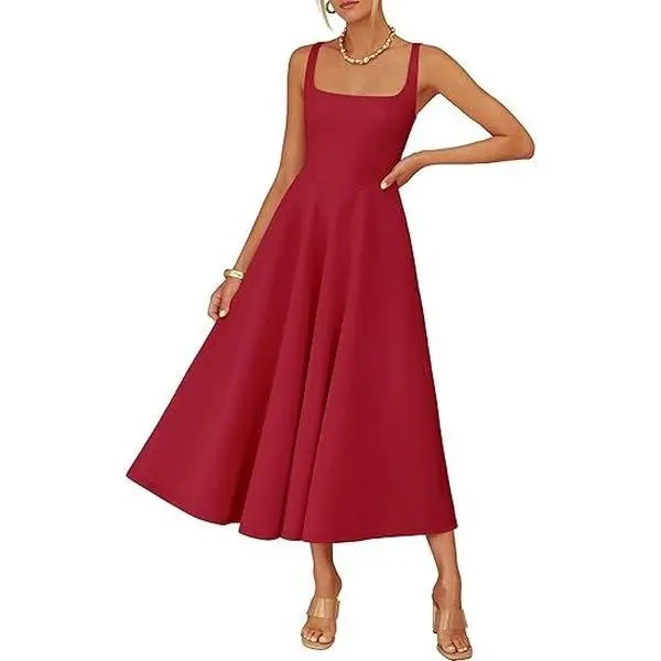 ZESICA Women's Summer Sleeveless Midi Dress 2026 Square Neck Wedding Guest Beach Casual Flowy Long Dresses with Pockets
