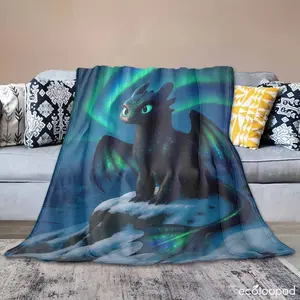 Northern Lights Dragon Flannel Blanket Toothless Style Digital Art Pattern Soft Cozy Warmth Lightweight for Winter Vacation Travel Living Room Home Decor Bed Sofa Couch Relaxing Nap Breathable Perfect Present Durable Fade Resistant