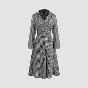 Cider [2 colors, size 0-10] Cotton-blend Collar Gingham Bowknot Midi Dress