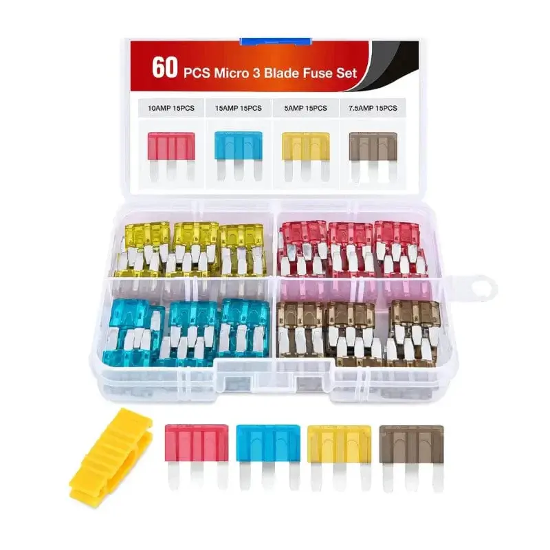 Nilight 60Pcs Color-Coded Micro3 ATR ATP Micro 3 ATP Car Blade Fuses - 3 Terminals, 4 Sizes, 5A×15Pcs (Yellow), 10A, 15A, Vehicle Accessories for Automotive Electrical Systems