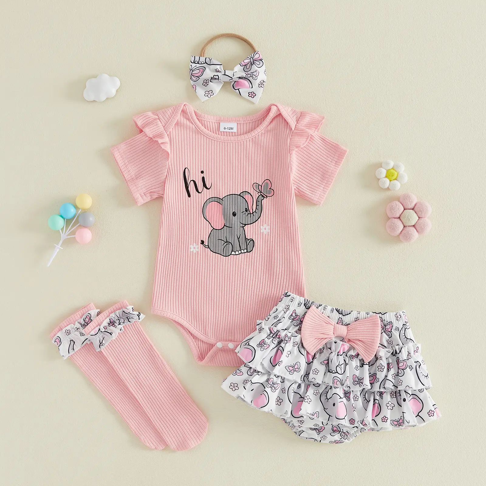 Infant Baby Girl Summer Outfit Elephant Print Short Sleeve Ribbed Romper Ruffle Shorts Bow Headband and Stockings Set 0-18 Months
