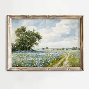 Vintage Blue Wildflower Meadow Oil Painting, Country Landscape Print, Rustic Farmhouse Wall Art