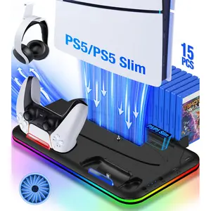 ESYWEN PS5 Stand with Cooling Fan for 2023 New PS5 Silm, Dual Controller Charger Station For 2020 PlayStation 5 Dualsense Controller/PS5 Digital/Disc Edition Console