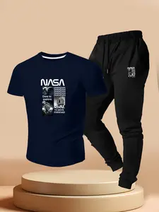 Men's Nasa Astronaut Space Exploration Print Casual Short Sleeve T-Shirt & Slim Fit Sports Pants Set, Summer Research Style Daily Wear