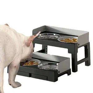 Splash-proof elevated dog bowls, adjustable height neck guard slow feeder, stainless steel double pet bowls, foldable design.