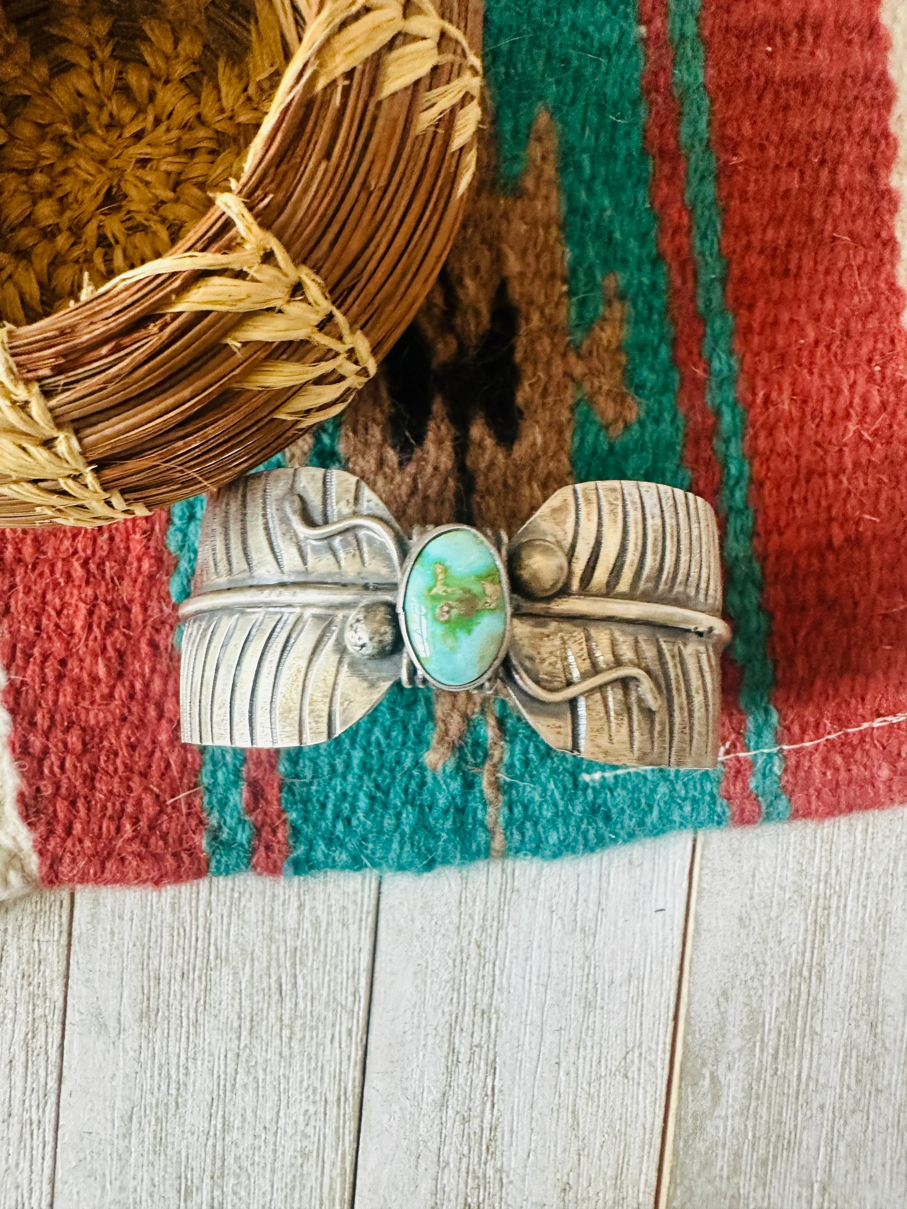 Handcrafted Sonoran Gold Turquoise & Sterling Silver Feather Cuff Bracelet