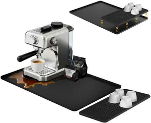 24*16-inch Silicone Coffee Mat for Espresso Machine - Heat Resistant, Waterproof Countertop Protector Pad with Raised Edges, Easy Clean Dish Drying Mat for Kitchen (Black)