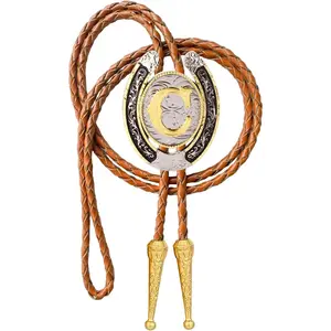 Bolo tie for Men Western Cowboy Brown Leather Necktie Gold Initial Letter ABCDJMR to Z Bolo ties for Women