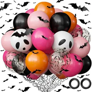 Halloween Party Decorations Balloons Set, 62Pcs Black Pink Rose Orange Balloons Ghost Bat Print Balloons with 3D Bats for Kids Girls Halloween Birthday Party Decorations Baby Shower Supplies