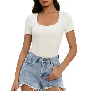 Women's Short Sleeve Scoop Neck Ribbed Knit Skinny Slim-Fitted Basic Rayon T-Shirt - Soft, Comfy Womenswear Essential for 2026 Summer & Spring Casual Outfits /W6,summervibes