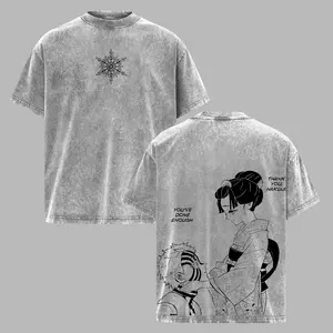 Akaza x Koyuki Kimetsu no Yaiba Anime Double Printed Vintage Washed Tee Unisex Oversize Heavyweight Cotton T-shirt for Anime Fan And Loves