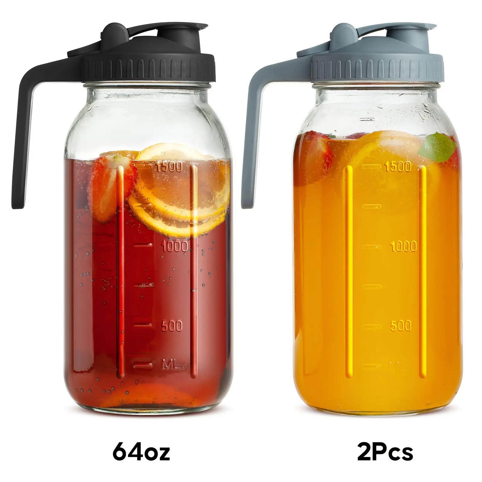 2pcs Mason Jar Pitcher, 64OZ Breast Milk Pitcher Double Leak Proof With Pour Spout Handle, Wide Mouth Iced Tea Pitcher For Fridge, Creamer Container For Coffee, Sun Tea Juice