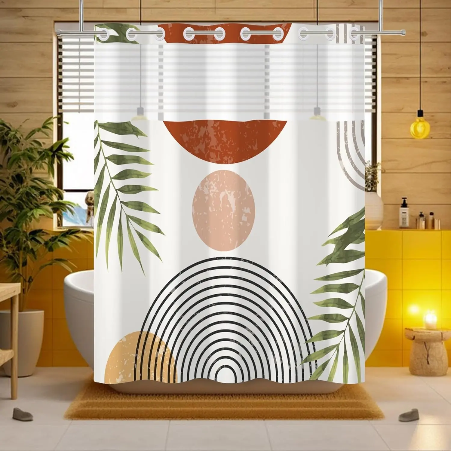 Bohemian Leaf Pattern Waterproof Decorative Shower Curtain Set, Modern Design, Snap Button Fabric Lining, Transparent Mesh Top, Double Layer Bathroom Accessories, Boho Shower Curtains For Bathroom