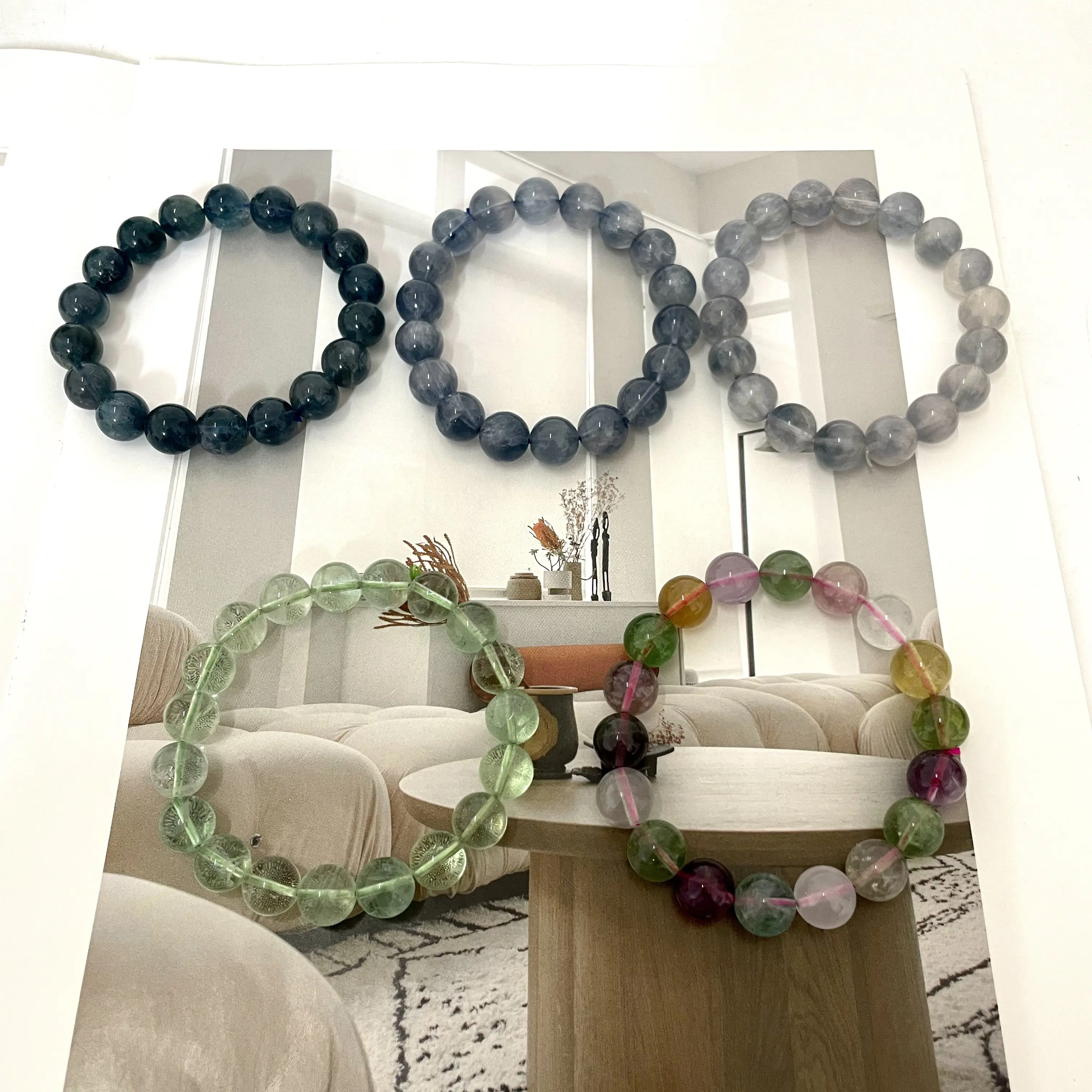 2 Counts Green Blue Colourful Fluorite Bracelets 9~11mm Natural Crystals Healing Crystals Bracelet for Women and Men Teens Pretty From IG Crystal