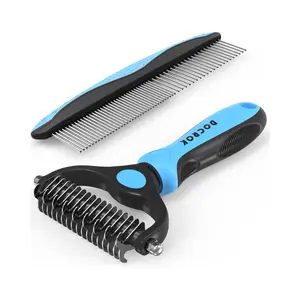 Docrok Pet Grooming Combo - Blue Deshedding Brush with Metal Comb for Detangling and Dematting Long, Matted Fur on Cats and Dogs