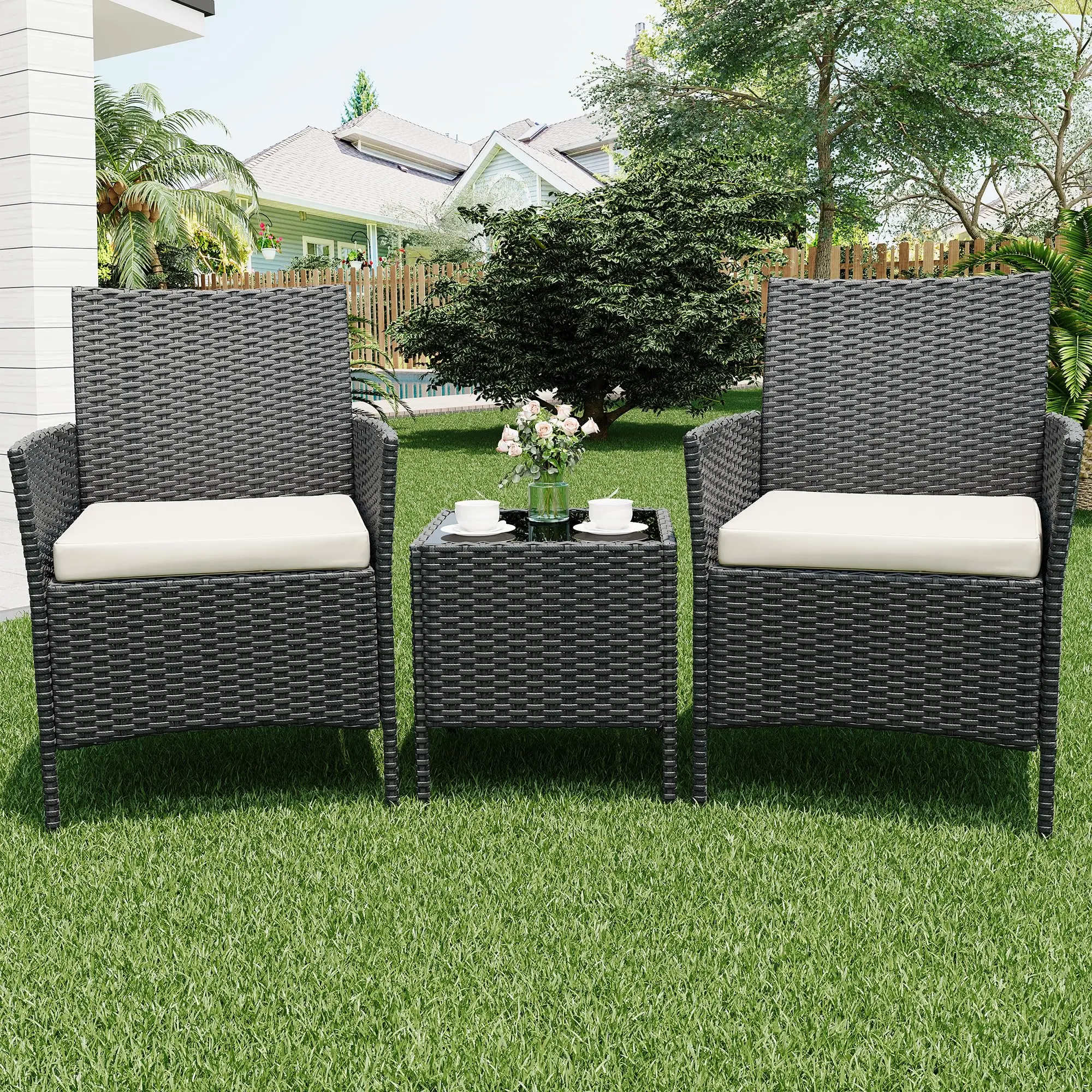 Gaomon Ergonomic 3-Piece PE Rattan Wicker Patio Furniture Set - 2 Chairs, 1 Coffee Table, Rust-Free, Powder Coated, Weather Resistant for Front Porch, Balcony Bistro, Rattan Wicker Outdoor Furniture Sets