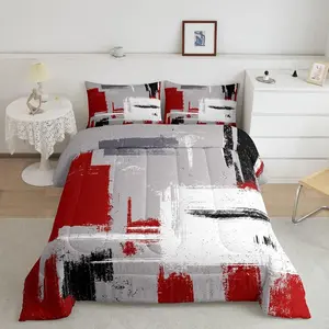 Feelyou Full Size Comforter Set - Ultra Soft Breathable Quilt, Modern Abstract Art Duvet Set, Red Grey White Printed Blanket, Soft Breathable Bedding for Teens