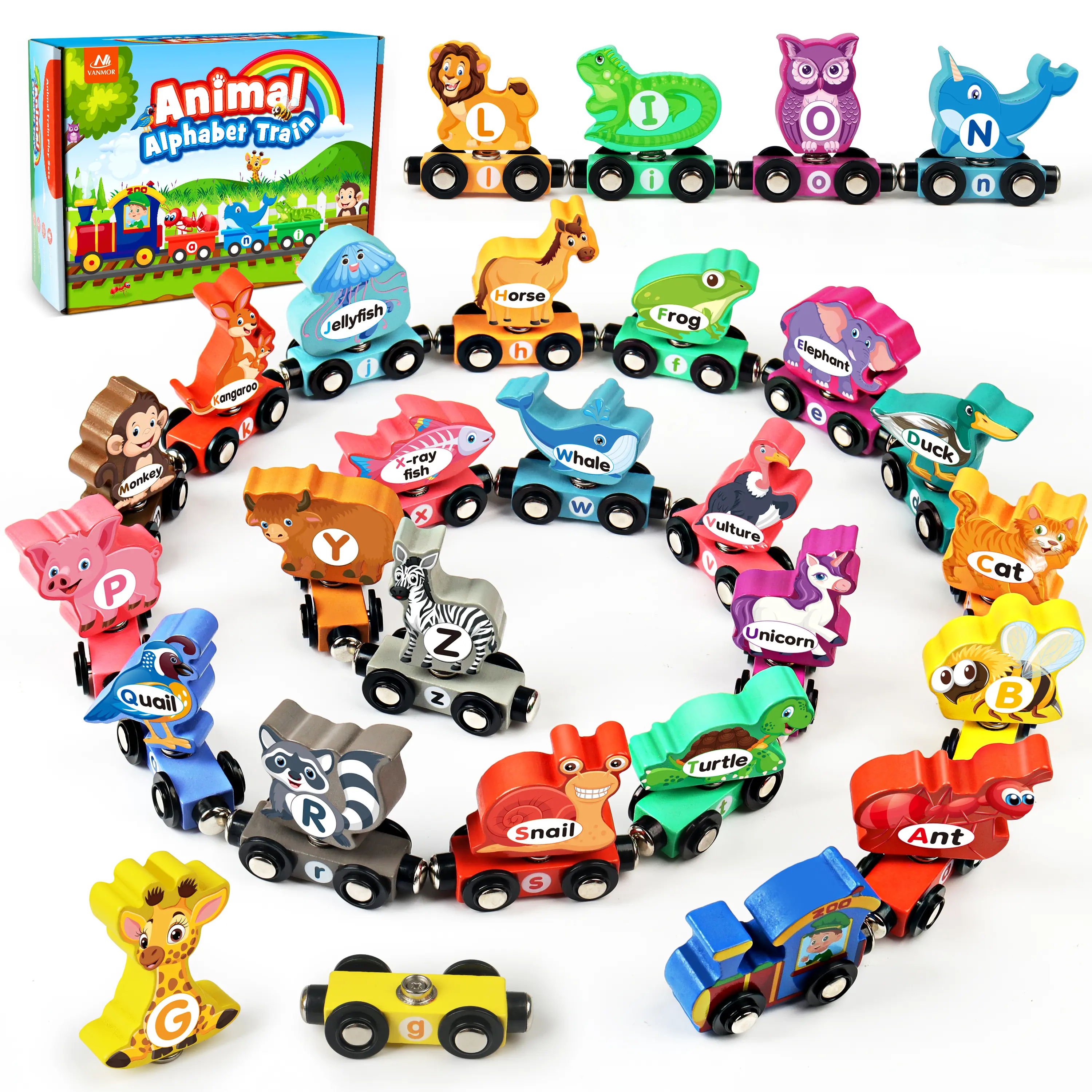 Vanmor Wooden Train Set, Snap-Connection Animal Trains, STEM Take Apart Animal Play Set, Toddler Matching and Magnetic Alphabet Train Learning Toys for Kids Ages 3-5