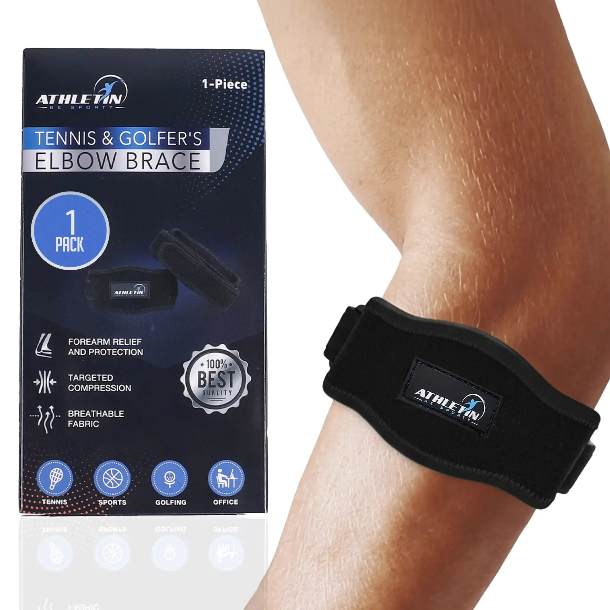 Athletin Unisex Adjustable Elbow Strap with Pad - Lightweight Forearm Support, Custom Secure Fit, Consistent Hold for Tennis, Golf, Pickleball Athletes | Be Sporty, Adjustable Strap, Compression Pad