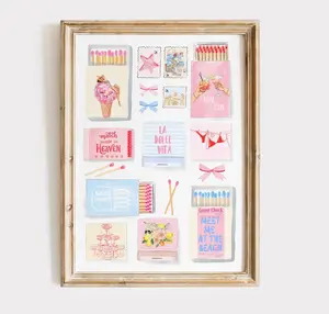 Coastal Hand Painted Matchbox Pastel Print, Vintage Retro Pink Matches Wall Art, Aesthetic Apartment & College Decor