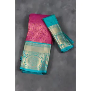Elegant Kanchipuram Silk Saree with Floral Motifs and Dual Border