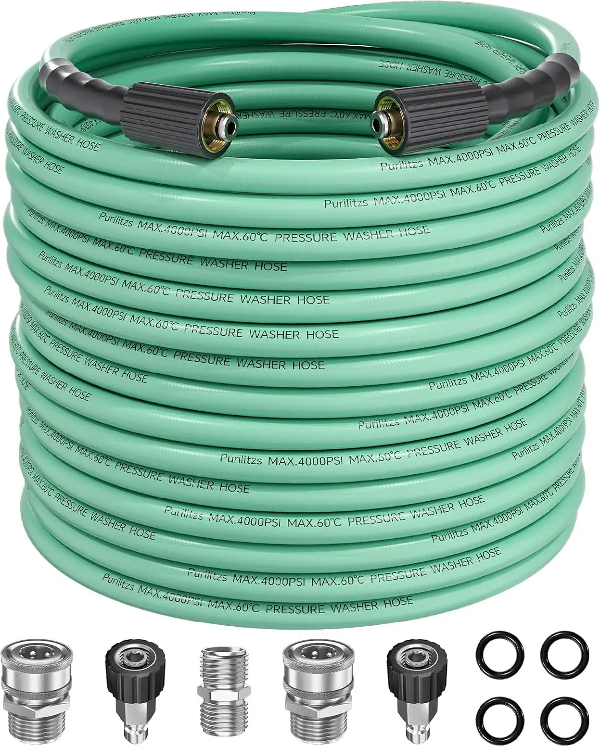High-Pressure Power Washer Replacement Hose, 100FT 1/4In Kink-Resistant (Max 4000PSI, 11000PSI Burst) with Universal M22-14Mm/15Mm Fittings, Leak-Free 3/8In Plug Quick Connect Adapter Kit (5 Adapters) for Cars, Home/Commercial Use, Mint Green, Quick Conne