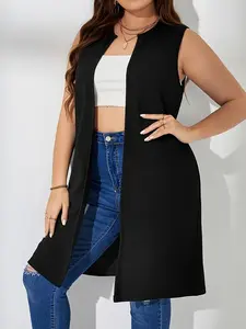 【Plus Size】 Solid Color Open Front Waistcoat, Plain Color Waistcoat, Casual Sleeveless Longline Outerwear for Spring & Fall, Women's Clothes for Daily Wear, Shrug Vest