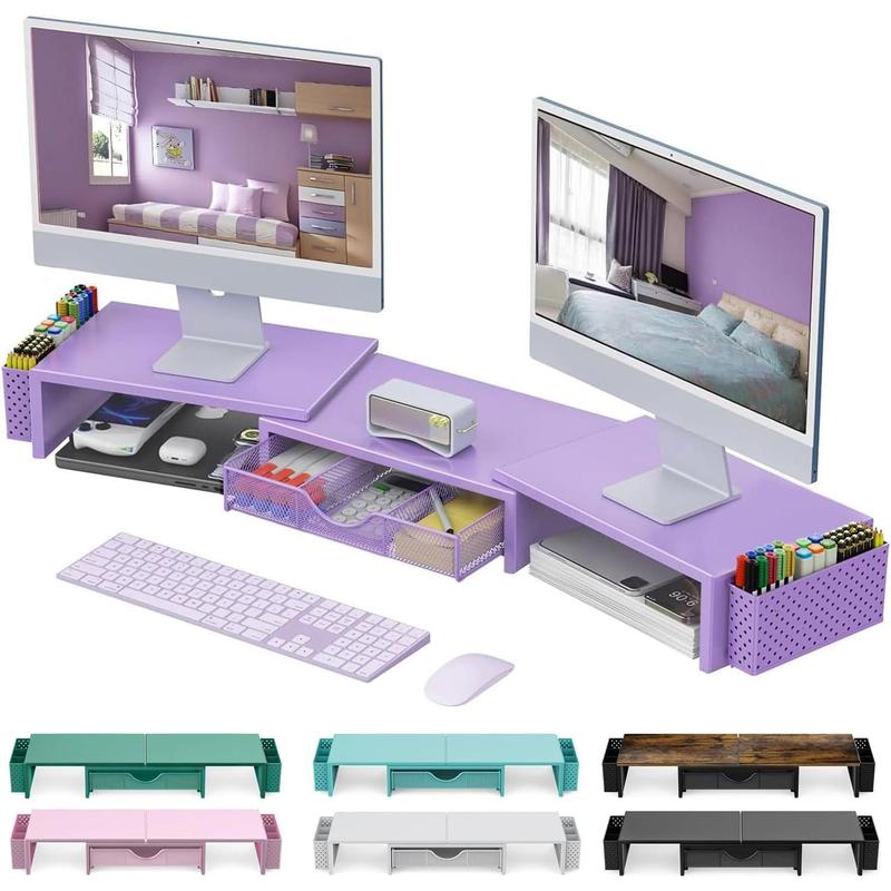 Dual  Stand Riser, Desk Organizer With Drawer and 2 Pen Holders, Desk Organizers and Accessories, Purple Office Decor (Purple)