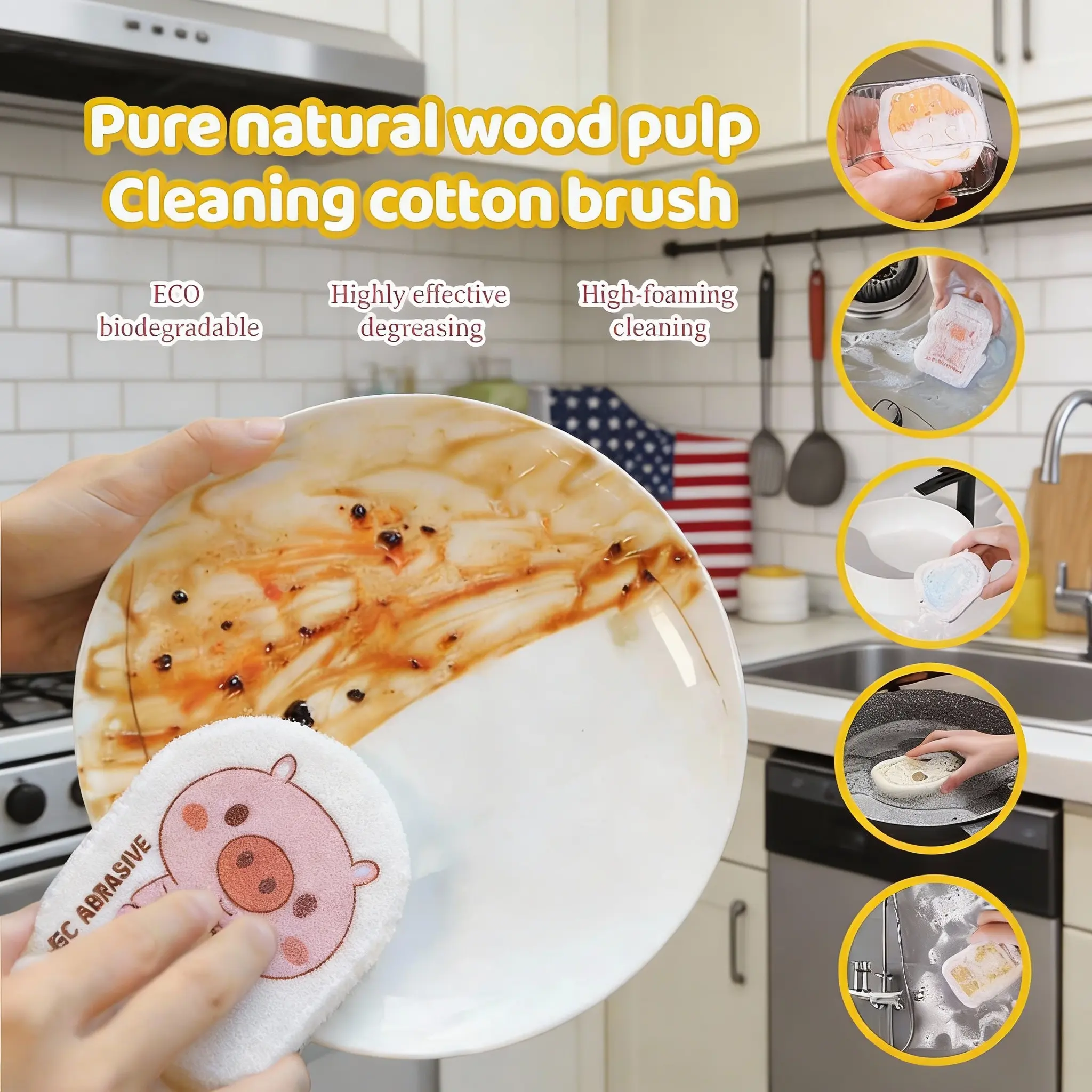 4-Pack Eco-Friendly Cellulose Kitchen Sponges - Natural Wood Pulp, Highly Absorbent, Water Absorbent, Oil-Resistant, Scratch Resistant, Durable, Biodegradable for Daily Home Cleaning Pads & Scouring Pads