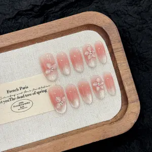 10pcs Handmade Oval Nails, Elegant Nude Ice Flower Design, Glossy Finish, Short Round Shape, Perfect for Women, Spring Summer Wearable Armor
