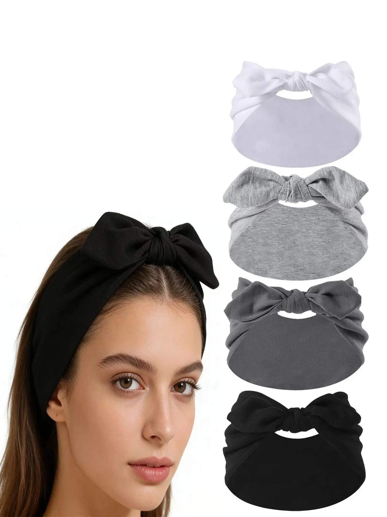 4pcs Boho Yoga Headbands, Bunny Ears Bow Elastic Non-Slip Wide Hair Bands, Sweat-Wicking Women's Headbands for Running and Daily Use