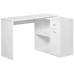 HOMCOM L Shaped Computer Desk, 180° Rotating Corner Desk with Storage Shelves, Drawer and Cabinet, Study Workstation for Home Office, White