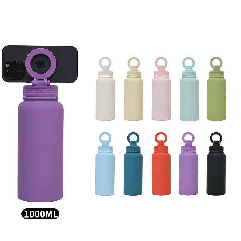 Magnetic Phone Holder Water Bottle — 34oz Large Capacity Fully Insulated Portable Stainless Steel Thermal Vacuum Flask Thermos, for Running Hydration Packs, Cycling, Hiking, Marathons & Outdoor Sports, Drinkware