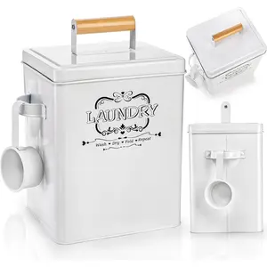 Goaste Metal Laundry Detergent Container, 100oz Modern Laundry Soap Dispenser with Scoop & Lid, Farmhouse Laundry Powder Storage Bin, White Laundry Pod Canister Tin Box for Laundry Organization