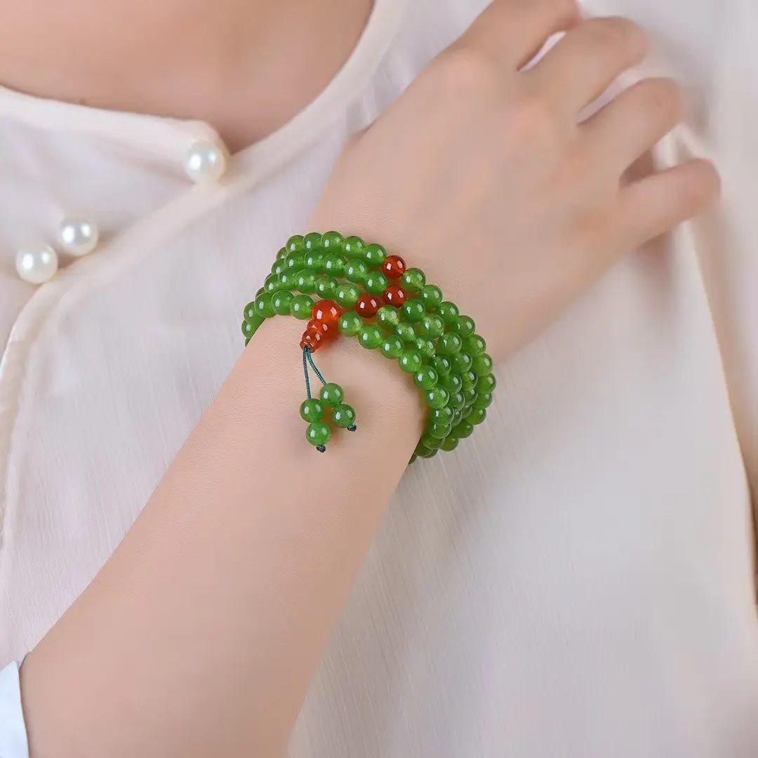 Unisex Handcrafted 108-Bead Taoist Natural Green Jade Bracelet - Combined Setting, Daily Practice Amulet for Inner Peace, Adult Fashion Costume Jewelry, Beaded