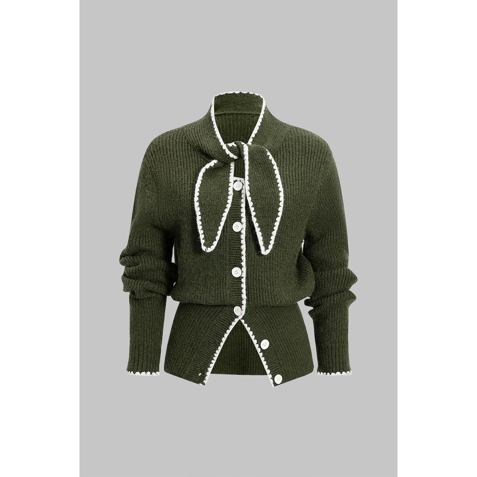 Knit Contrast Button Tie-Up Cardigan