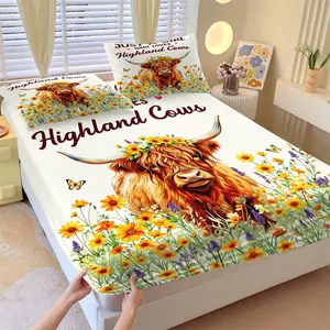 3-Piece "Just a Girl Who Loves Highland Cows" Fitted Sheet Set, 1 Fitted Sheet + 2 Pillowcases, Soft Breathable Fabric, Non-Slip Mattress Cover, Wildflower Cow Bedding, Perfect for Farmhouse Bedroom, Cow Lover Gift