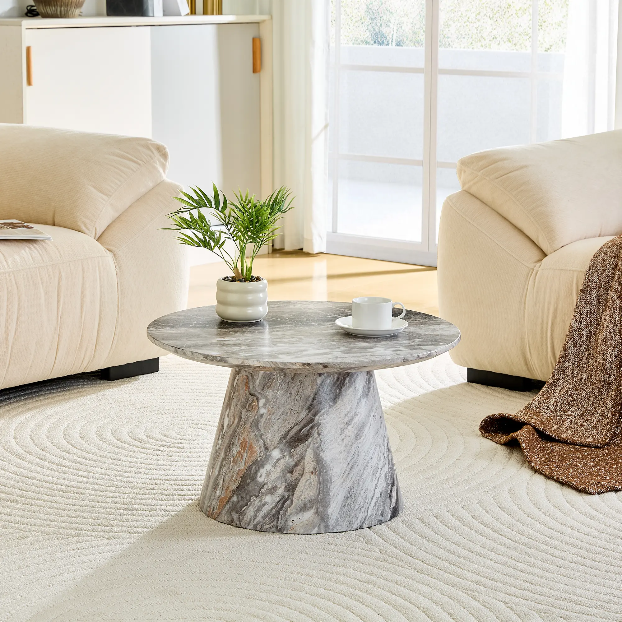 MUUOKY Grey Textured MDF Flat-Top Disc-Shaped Coffee Table - Veneer Construction, 23.6in Diameter, 13.7in Height, Antislip Pads, Stable 300lb Top (300lb Capacity), Indoor Furniture, Living Room Decor, Bedroom Use, 300 Pounds