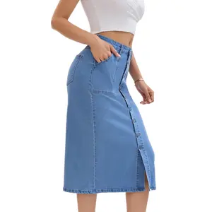 Women's Casual Stretch Mid Rise Button Down Midi Denim A Line Skirt Womens Streetwear Elegant And Stylish Style Elastic Hip Skirt Long Dress Womenswear Bottom Palda Basic Minimalist Fitted