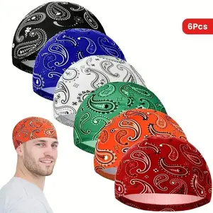 6pcs Sweat-Wicking Men's Cooling Skull Caps - Paisley Pattern, Breathable Beanie Helmet Liners For Cycling &Running, Multicolor